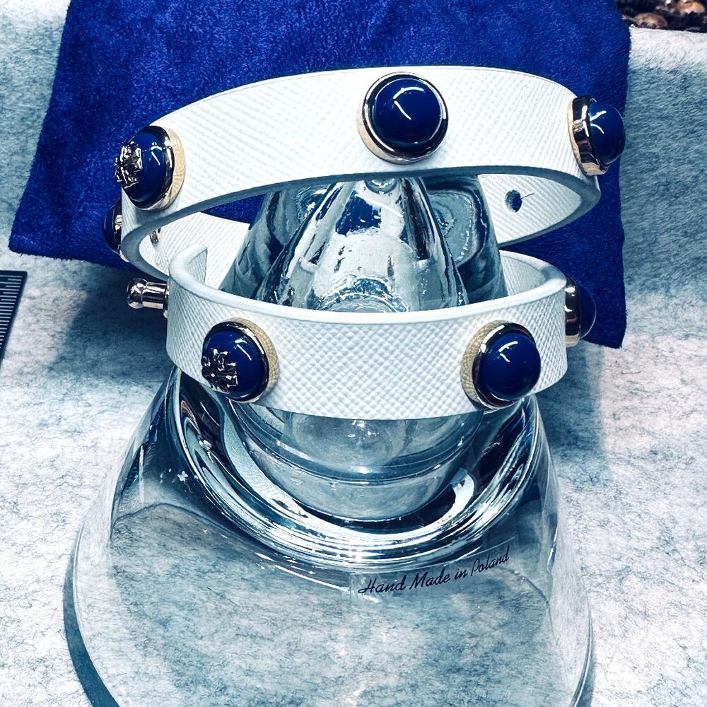 Tory Burch - Leather Double Wrap Blue Cabochon Logo Studded Bracelet - Picture 3 of 8